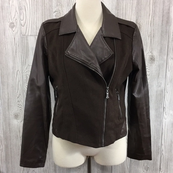 GAZOZ Vintage Faux Brown Leather Combo  Moto Jacket Size Large - Picture 1 of 13